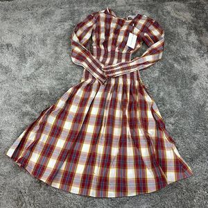 Something Navy Blanche Smocked Plaid Midi Dress Western Fitted NEW Womens XS